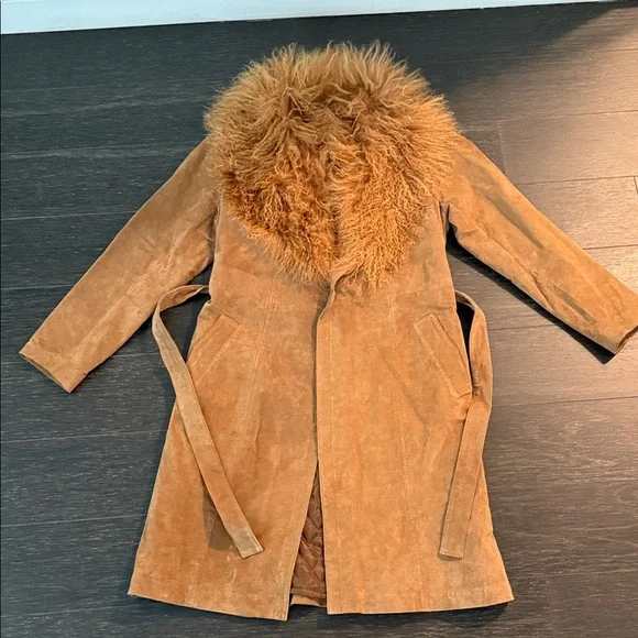 Tan Suede Coat with Mongolian Fur Collar - Picture 2 of 9